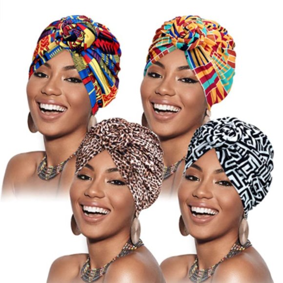 4 Pieces African Pattern Headwrap Pre-Tied Bonnet Turban Knot Beanie Ca - Picture 1 of 2